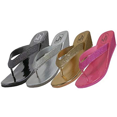Women's Metallic Glitter Wedges Flip Flops